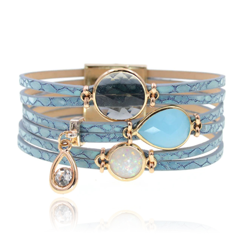 Blauwe goudkleurige leren multilayer Boho dames armband met bedels en glassteen