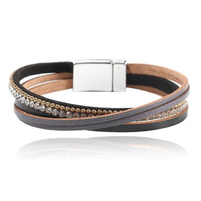 Grijze leren multilayer dames armband met magneetsluiting