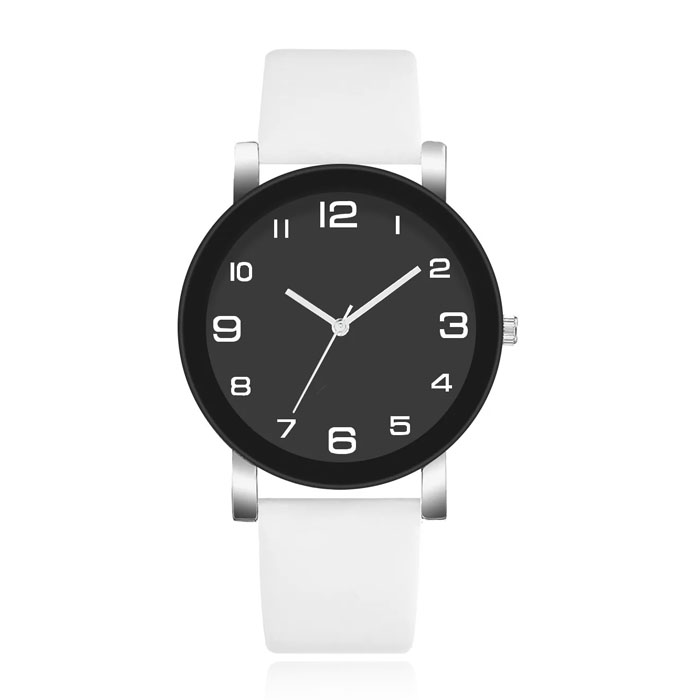 Minimalistisch Herenhorloge met Hoog Contrast en witte Lederen Band Zwarte kast