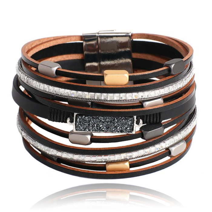 Multilayer Armband echt Leer Zwart