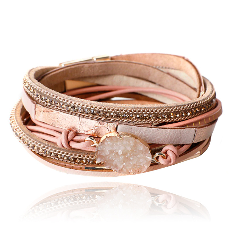 Roze leren dames armband Bohemian stijl met steen