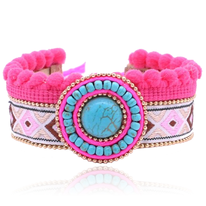 Roze multicolour dames armband van leer met Turkoois