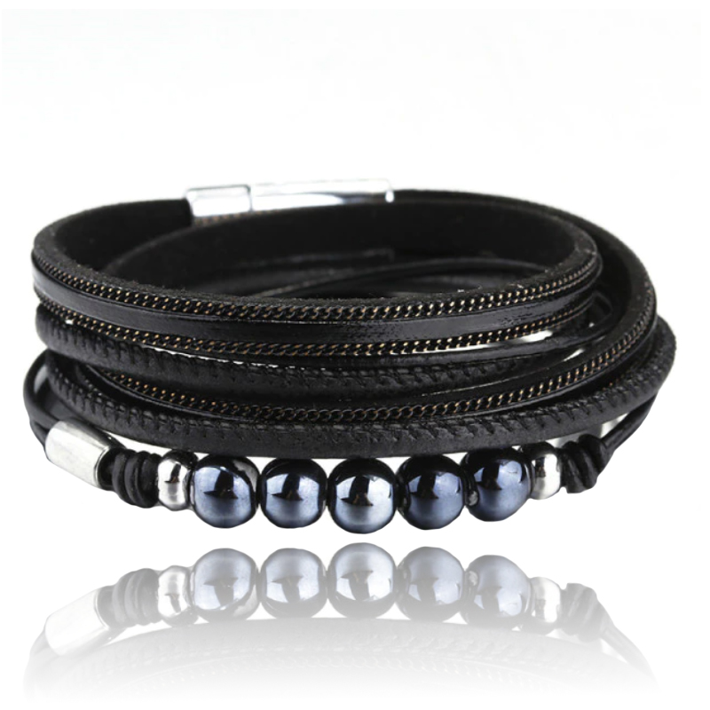 Zwarte multilayer Boho armband rondgenaaid PU leer en kralen